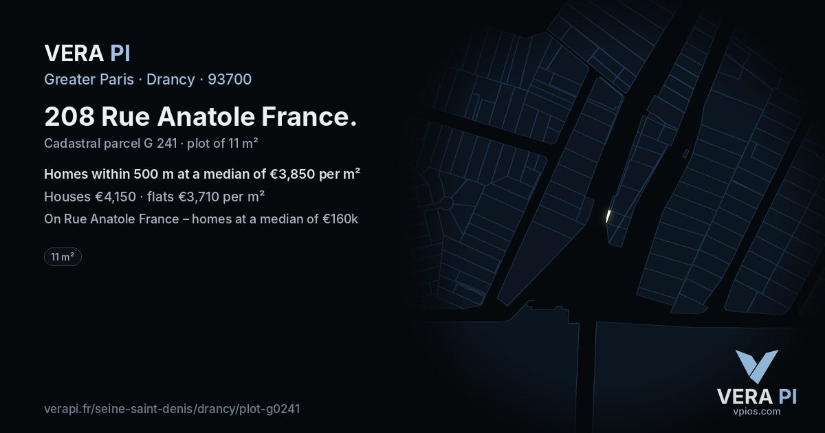 208 Rue Anatole France, Drancy at night – the plot lit, the parcels around coloured by the prices near them