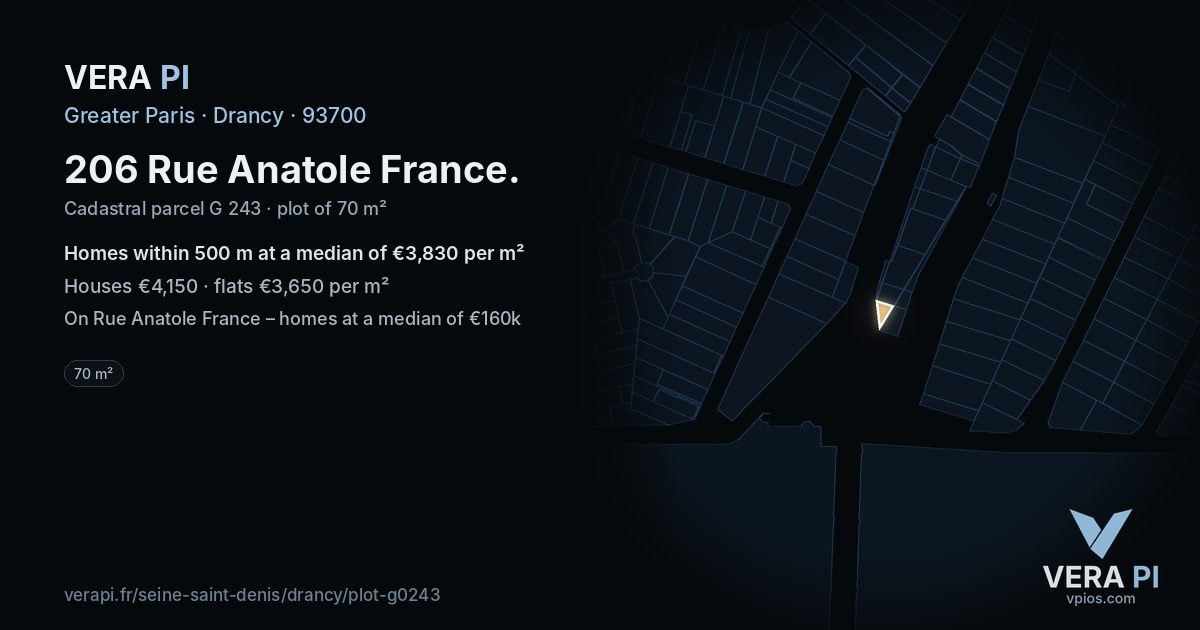 206 Rue Anatole France, Drancy at night – the plot lit, the parcels around coloured by the prices near them