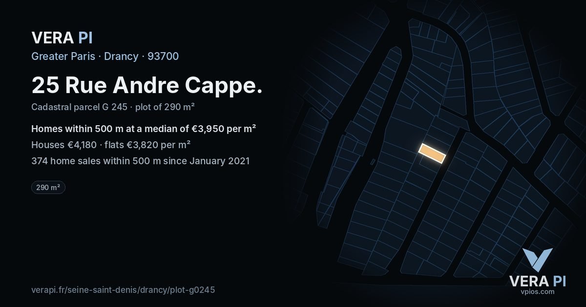 25 Rue Andre Cappe, Drancy at night – the plot lit, the parcels around coloured by the prices near them
