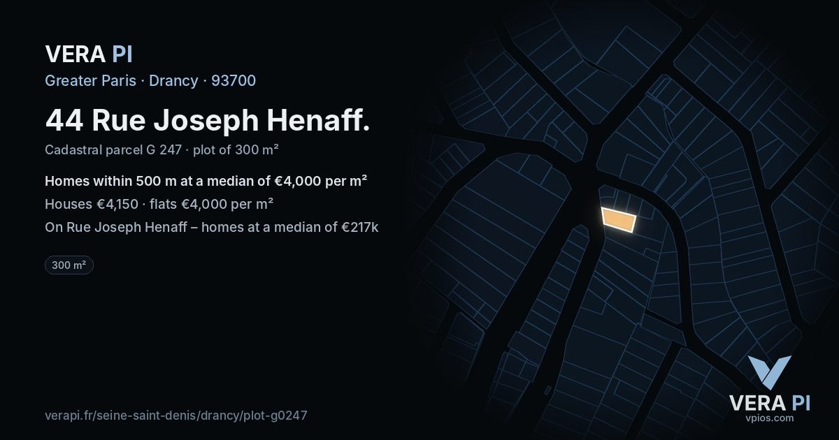 44 Rue Joseph Henaff, Drancy at night – the plot lit, the parcels around coloured by the prices near them