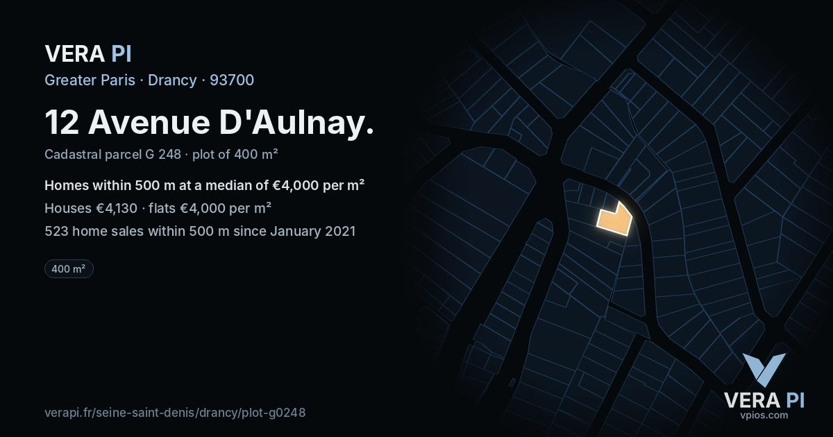 12 Avenue D'Aulnay, Drancy at night – the plot lit, the parcels around coloured by the prices near them