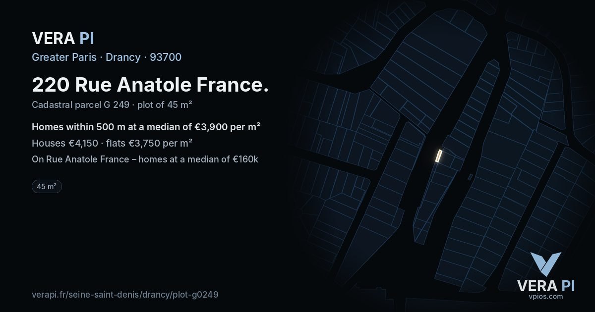 220 Rue Anatole France, Drancy at night – the plot lit, the parcels around coloured by the prices near them