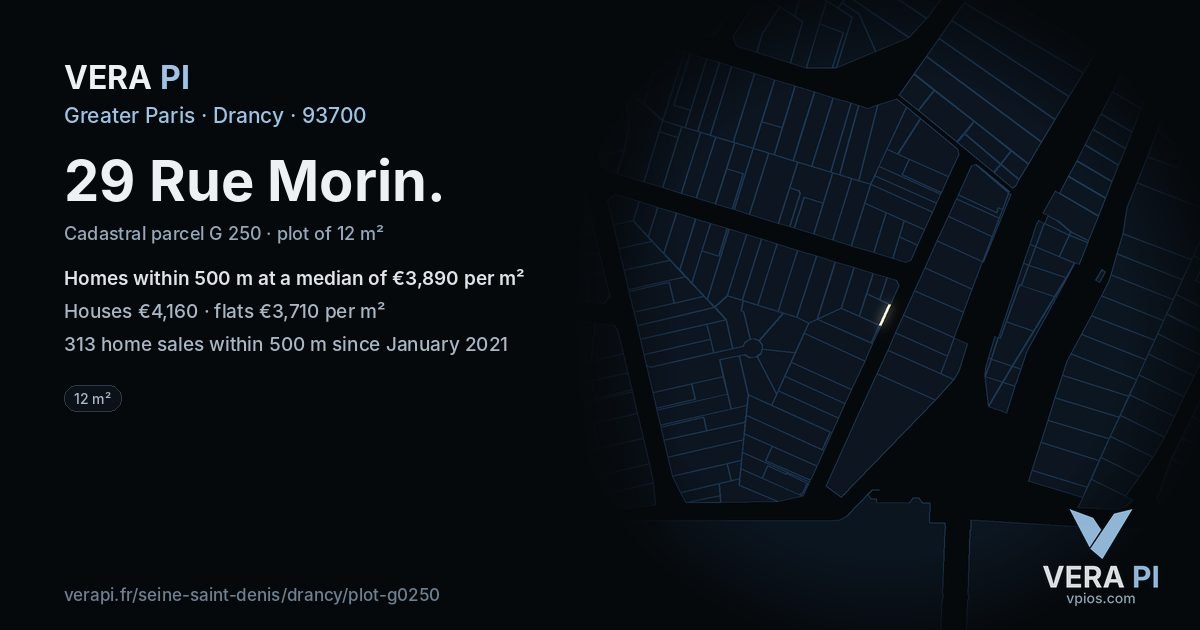 29 Rue Morin, Drancy at night – the plot lit, the parcels around coloured by the prices near them