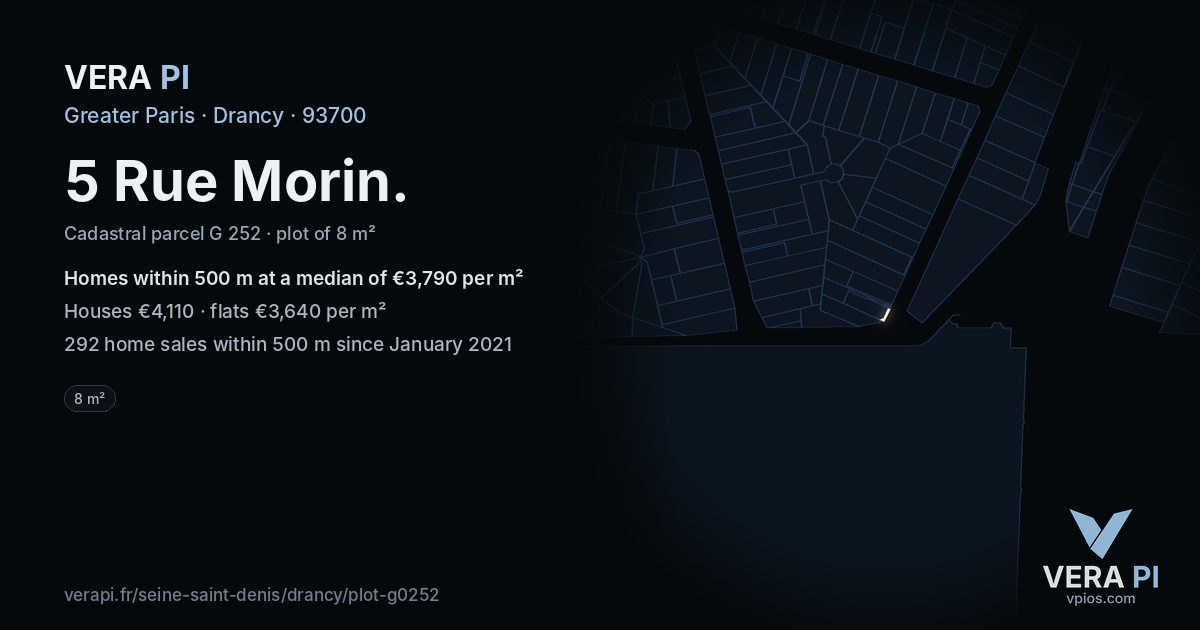 5 Rue Morin, Drancy at night – the plot lit, the parcels around coloured by the prices near them
