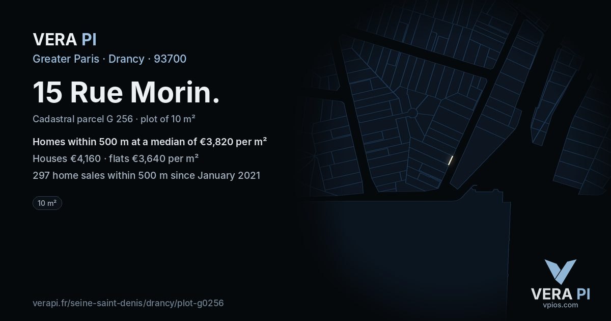 15 Rue Morin, Drancy at night – the plot lit, the parcels around coloured by the prices near them