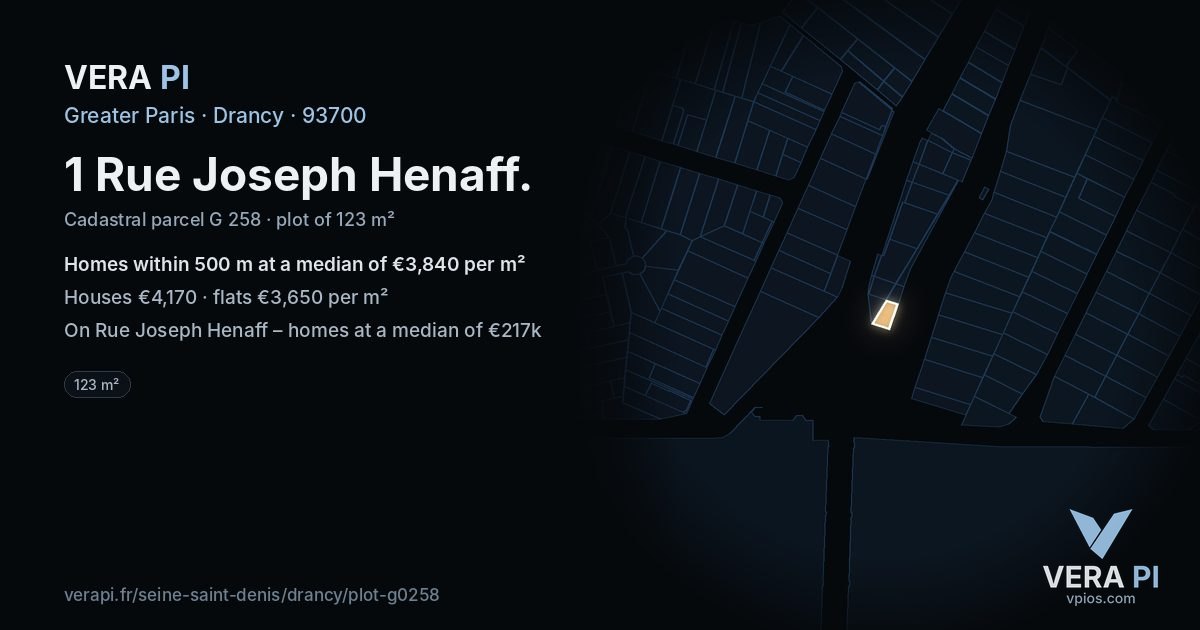 1 Rue Joseph Henaff, Drancy at night – the plot lit, the parcels around coloured by the prices near them