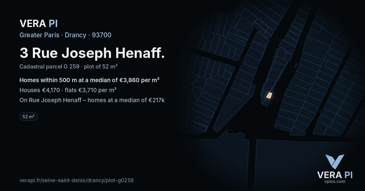 3 Rue Joseph Henaff, Drancy at night – the plot lit, the parcels around coloured by the prices near them