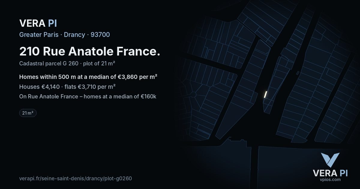 210 Rue Anatole France, Drancy at night – the plot lit, the parcels around coloured by the prices near them