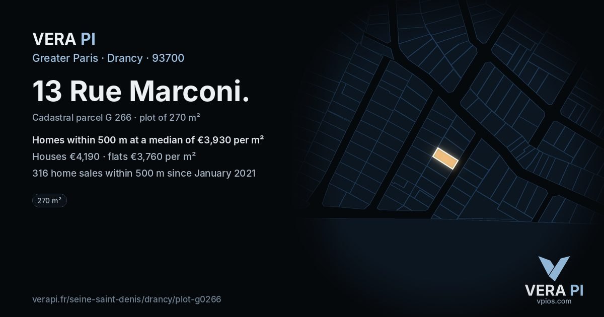 13 Rue Marconi, Drancy at night – the plot lit, the parcels around coloured by the prices near them