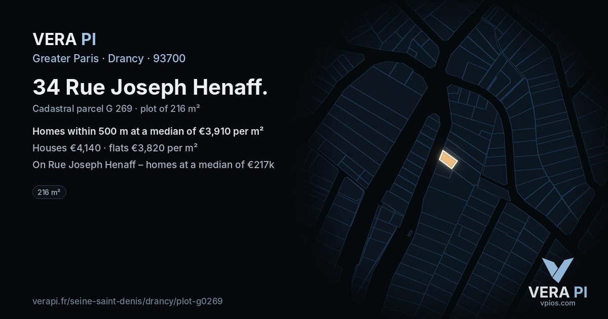 34 Rue Joseph Henaff, Drancy at night – the plot lit, the parcels around coloured by the prices near them