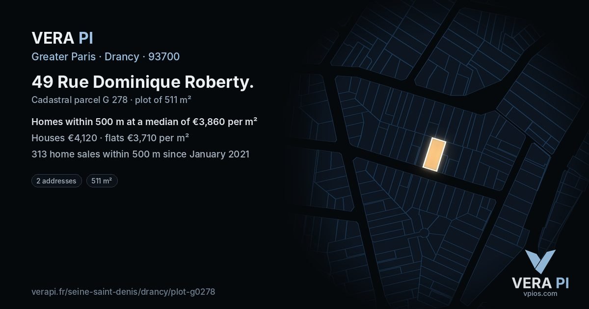 49 Rue Dominique Roberty, Drancy at night – the plot lit, the parcels around coloured by the prices near them