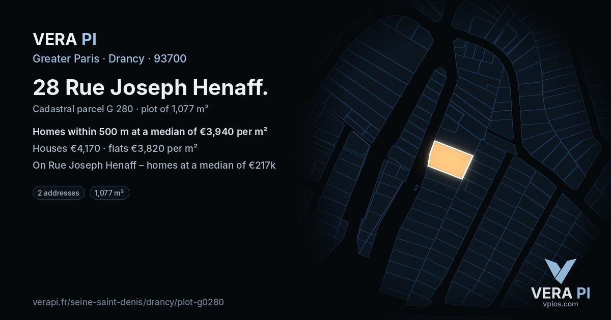 28 Rue Joseph Henaff, Drancy at night – the plot lit, the parcels around coloured by the prices near them