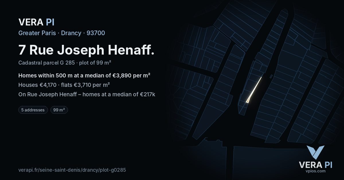 7 Rue Joseph Henaff, Drancy at night – the plot lit, the parcels around coloured by the prices near them
