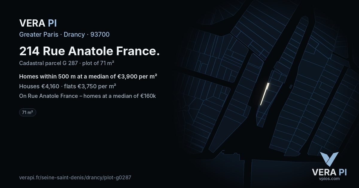 214 Rue Anatole France, Drancy at night – the plot lit, the parcels around coloured by the prices near them