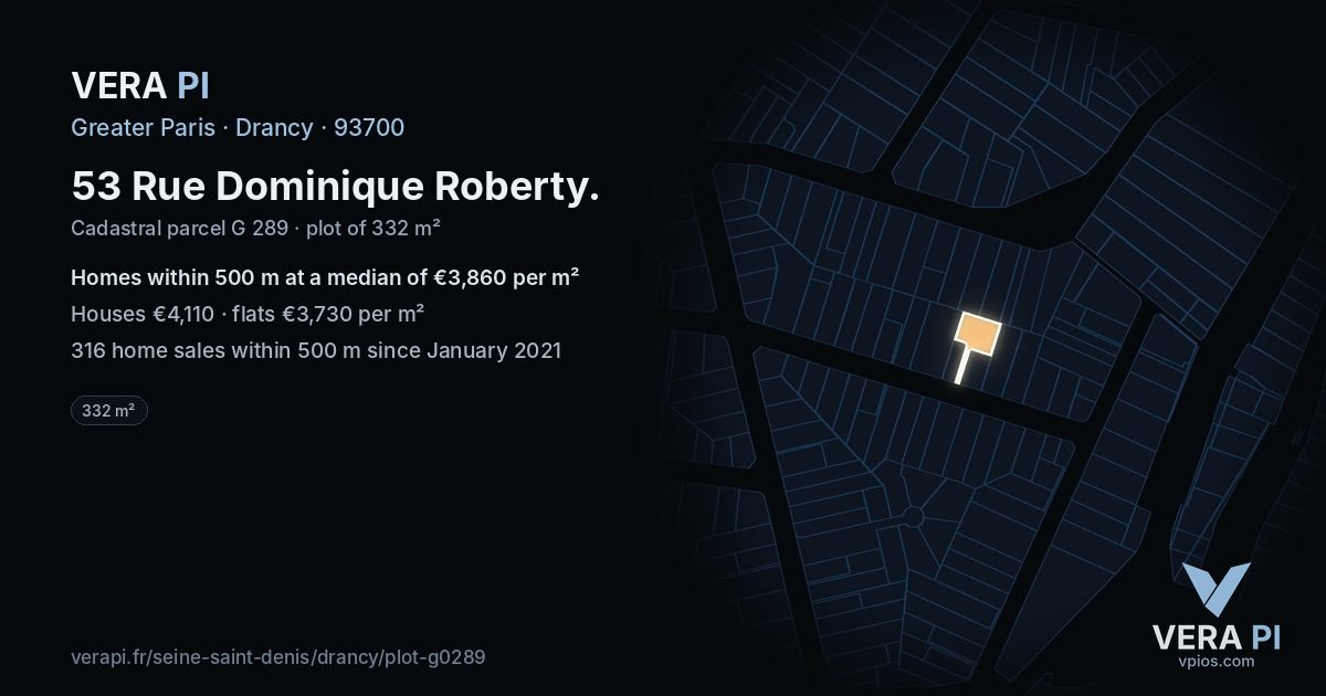 53 Rue Dominique Roberty, Drancy at night – the plot lit, the parcels around coloured by the prices near them
