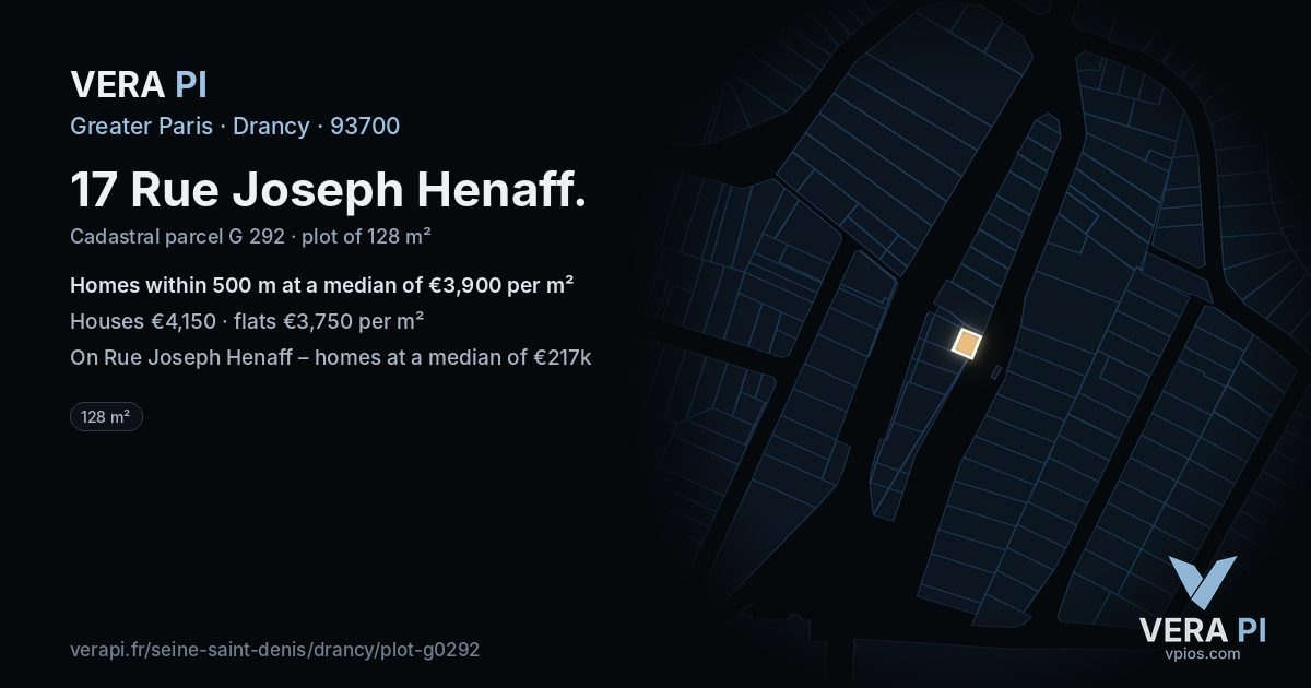 17 Rue Joseph Henaff, Drancy at night – the plot lit, the parcels around coloured by the prices near them