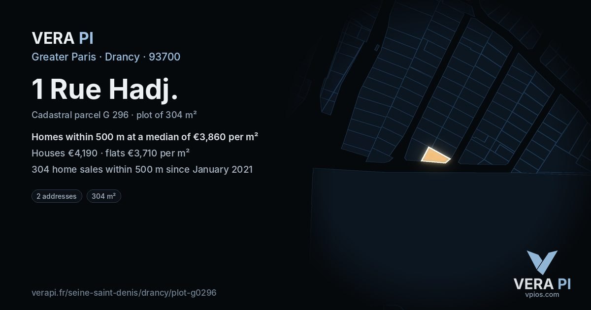 1 Rue Hadj, Drancy at night – the plot lit, the parcels around coloured by the prices near them