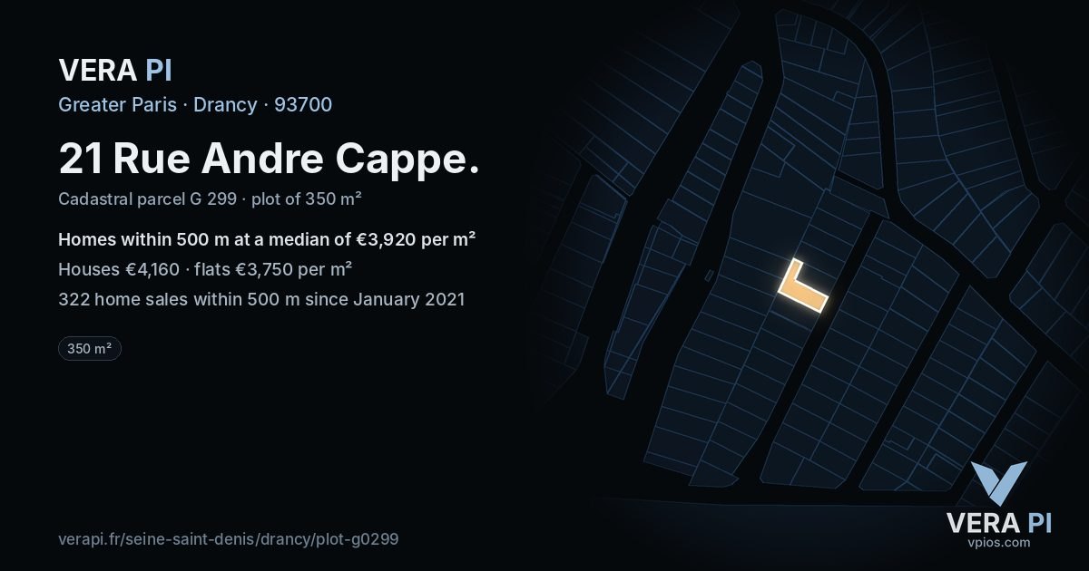21 Rue Andre Cappe, Drancy at night – the plot lit, the parcels around coloured by the prices near them