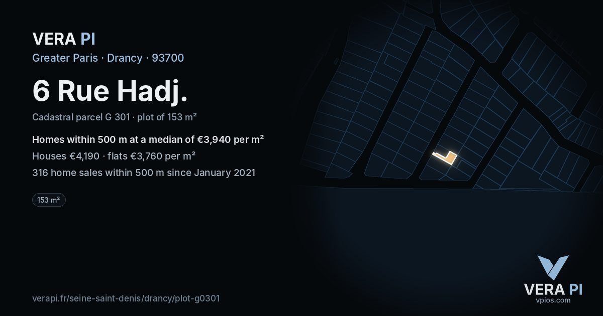 6 Rue Hadj, Drancy at night – the plot lit, the parcels around coloured by the prices near them