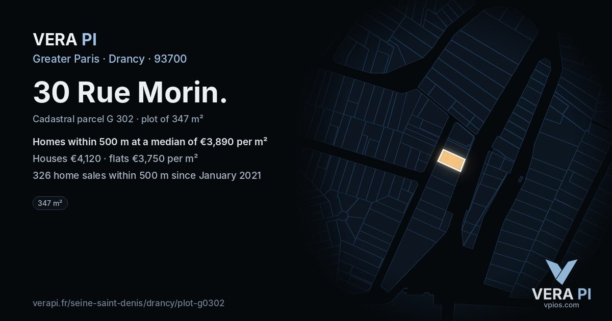 30 Rue Morin, Drancy at night – the plot lit, the parcels around coloured by the prices near them