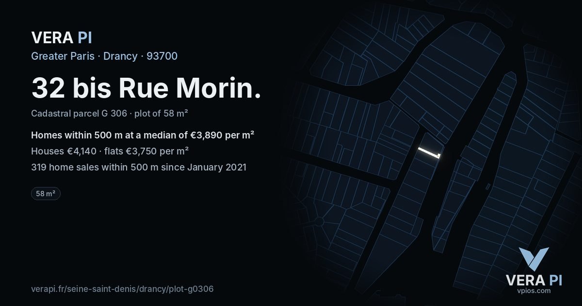 32 bis Rue Morin, Drancy at night – the plot lit, the parcels around coloured by the prices near them