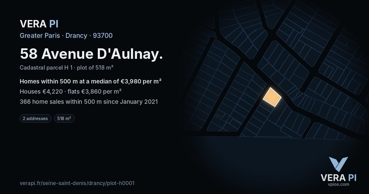 58 Avenue D'Aulnay, Drancy at night – the plot lit, the parcels around coloured by the prices near them