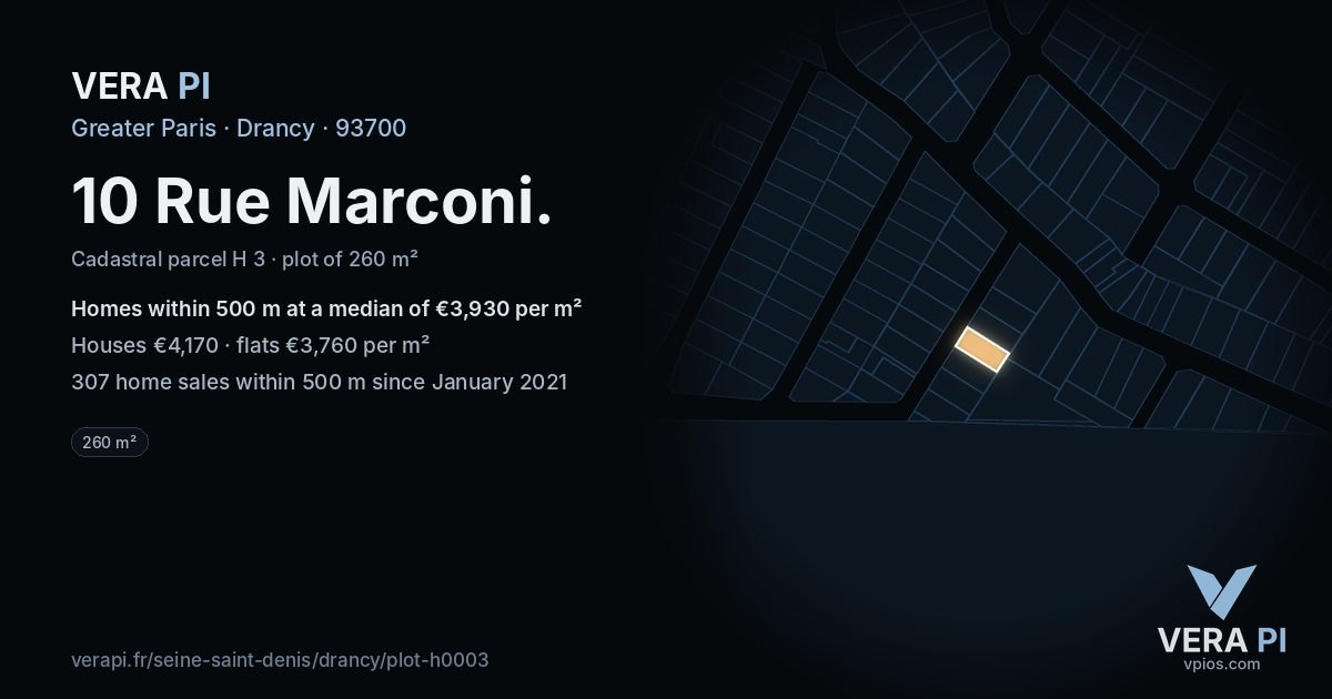 10 Rue Marconi, Drancy at night – the plot lit, the parcels around coloured by the prices near them