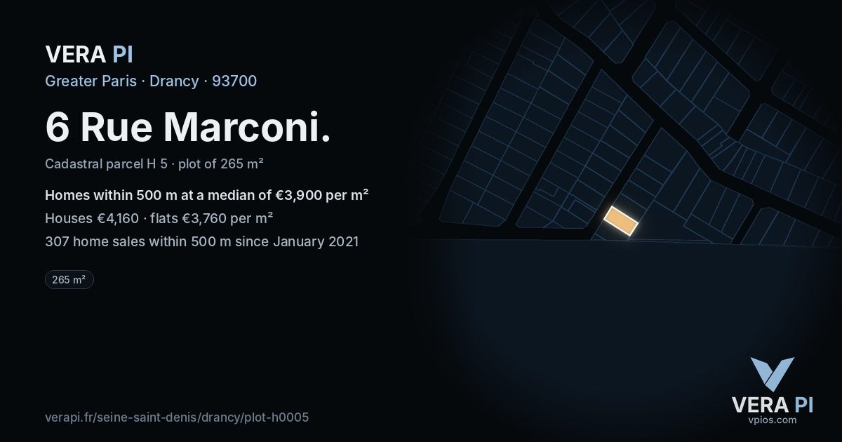 6 Rue Marconi, Drancy at night – the plot lit, the parcels around coloured by the prices near them