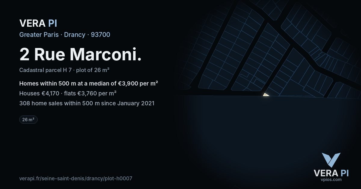 2 Rue Marconi, Drancy at night – the plot lit, the parcels around coloured by the prices near them