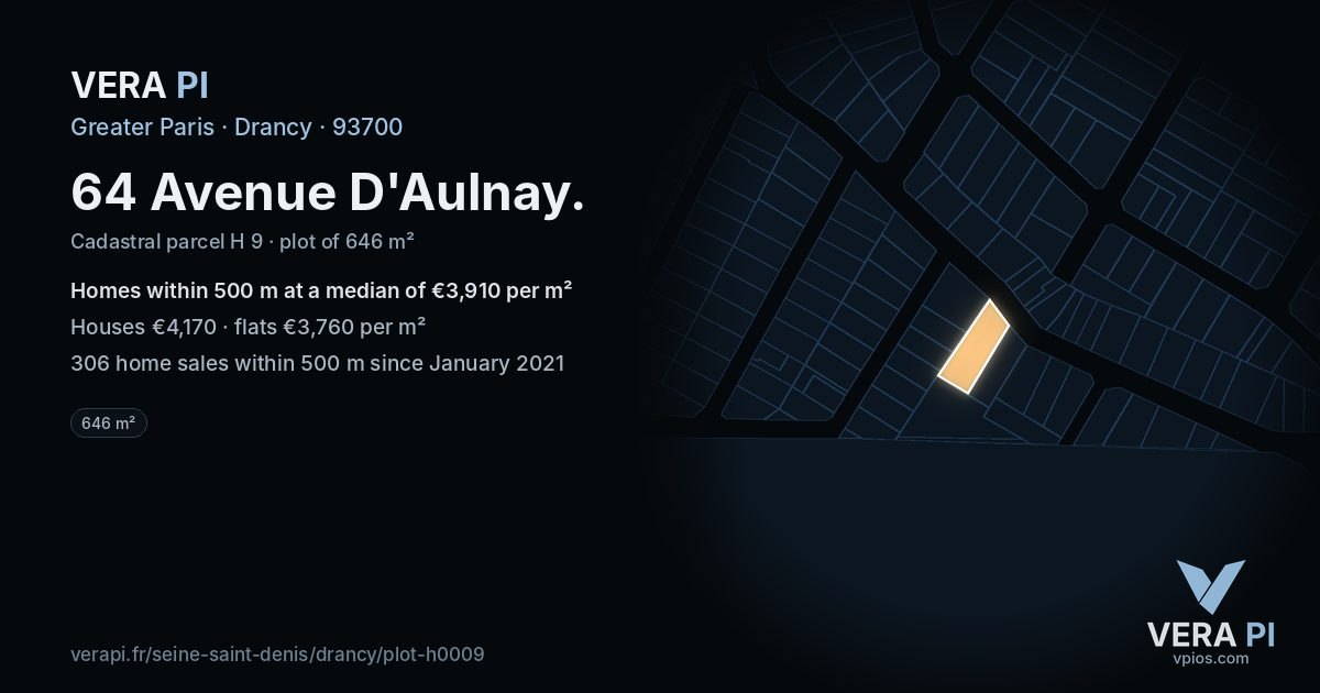 64 Avenue D'Aulnay, Drancy at night – the plot lit, the parcels around coloured by the prices near them