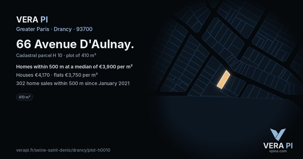 66 Avenue D'Aulnay, Drancy at night – the plot lit, the parcels around coloured by the prices near them