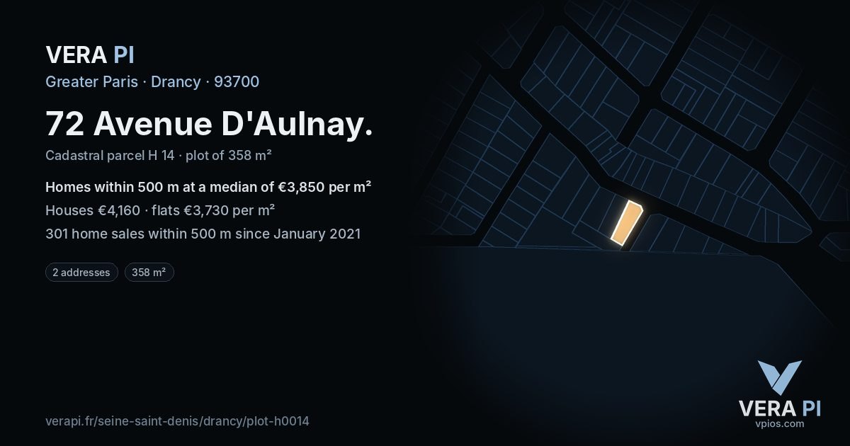 72 Avenue D'Aulnay, Drancy at night – the plot lit, the parcels around coloured by the prices near them