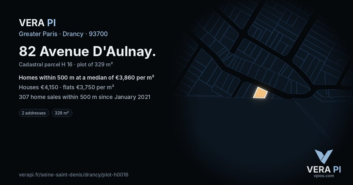 82 Avenue D'Aulnay, Drancy at night – the plot lit, the parcels around coloured by the prices near them
