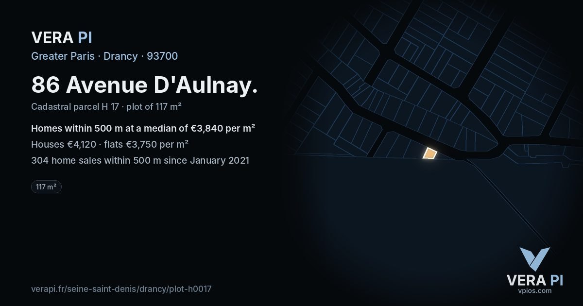 86 Avenue D'Aulnay, Drancy at night – the plot lit, the parcels around coloured by the prices near them
