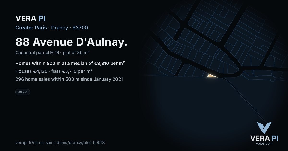 88 Avenue D'Aulnay, Drancy at night – the plot lit, the parcels around coloured by the prices near them