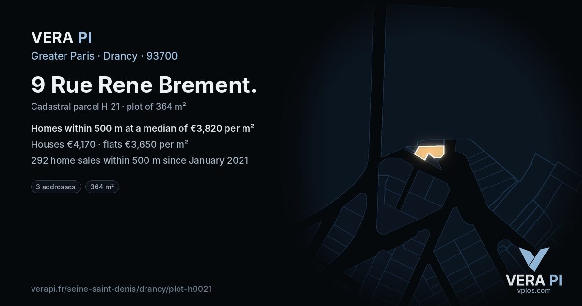 9 Rue Rene Brement, Drancy at night – the plot lit, the parcels around coloured by the prices near them