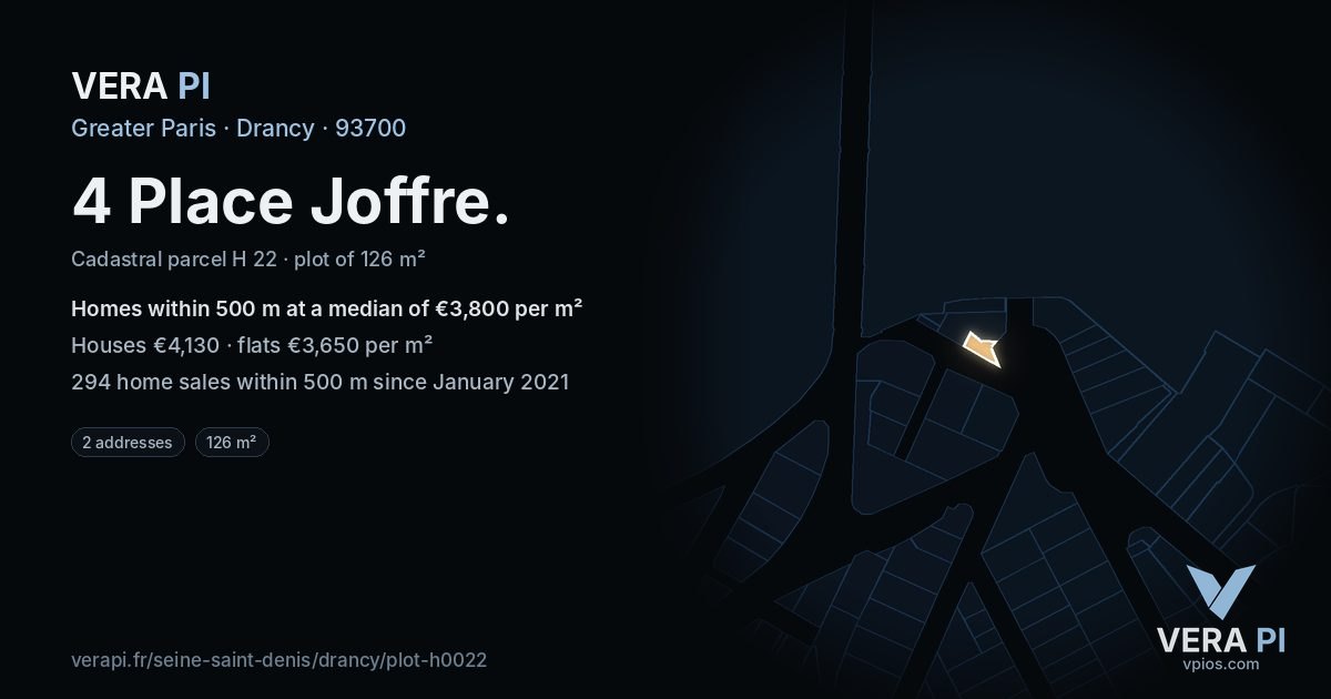 4 Place Joffre, Drancy at night – the plot lit, the parcels around coloured by the prices near them