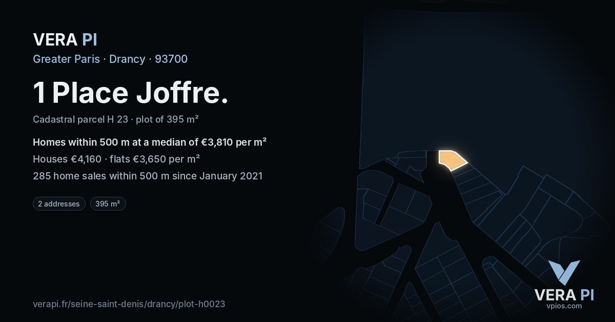 1 Place Joffre, Drancy at night – the plot lit, the parcels around coloured by the prices near them
