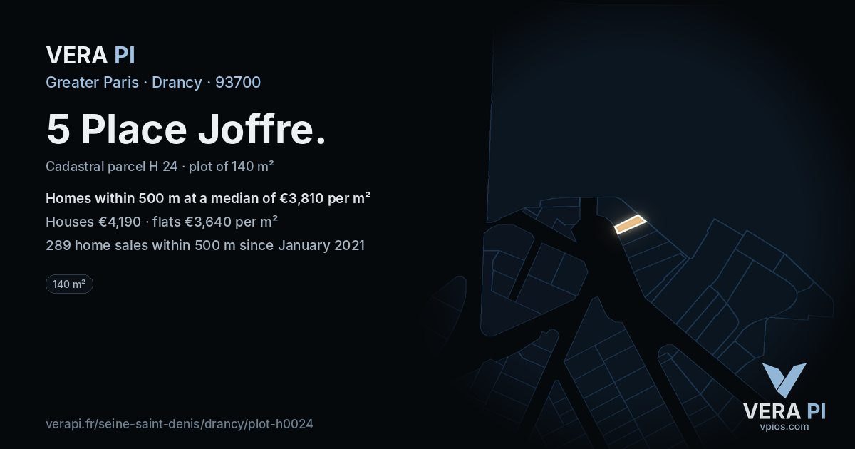 5 Place Joffre, Drancy at night – the plot lit, the parcels around coloured by the prices near them