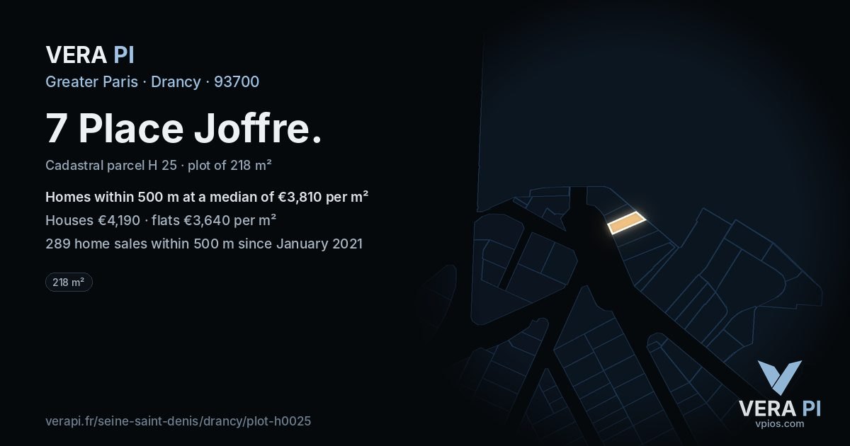 7 Place Joffre, Drancy at night – the plot lit, the parcels around coloured by the prices near them