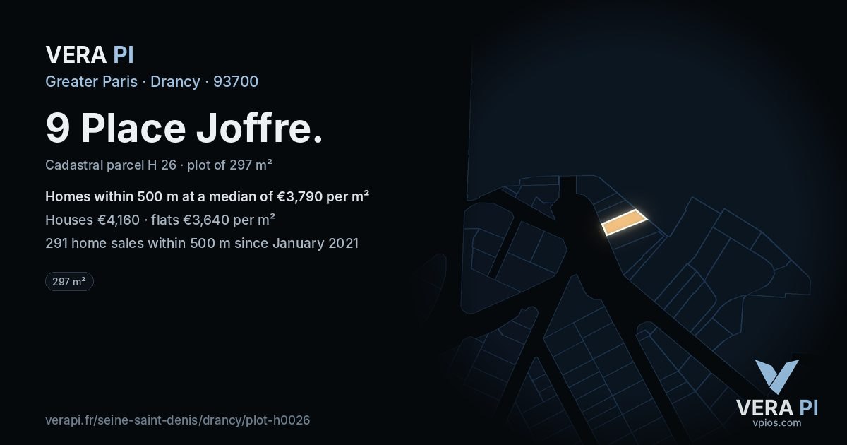 9 Place Joffre, Drancy at night – the plot lit, the parcels around coloured by the prices near them