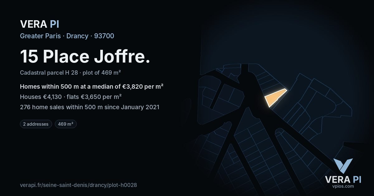 15 Place Joffre, Drancy at night – the plot lit, the parcels around coloured by the prices near them