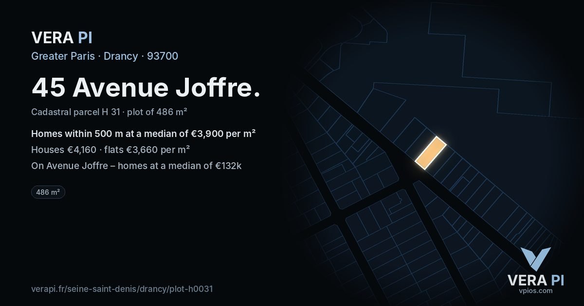 45 Avenue Joffre, Drancy at night – the plot lit, the parcels around coloured by the prices near them