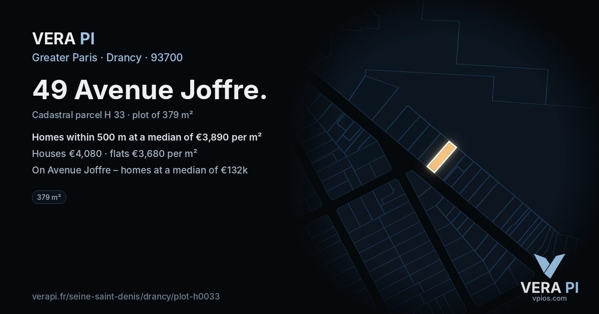 49 Avenue Joffre, Drancy at night – the plot lit, the parcels around coloured by the prices near them