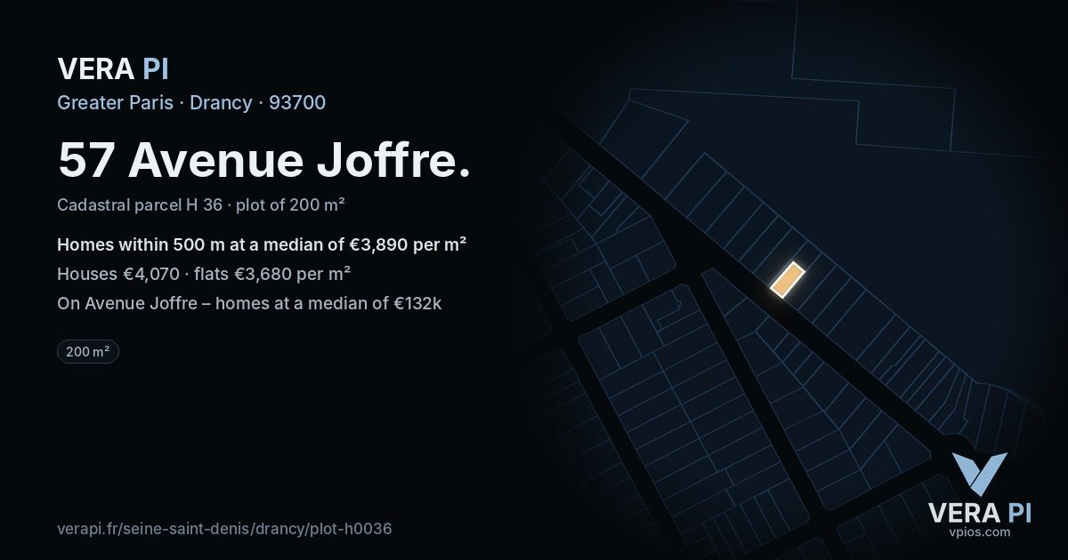 57 Avenue Joffre, Drancy at night – the plot lit, the parcels around coloured by the prices near them