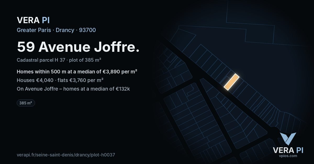 59 Avenue Joffre, Drancy at night – the plot lit, the parcels around coloured by the prices near them