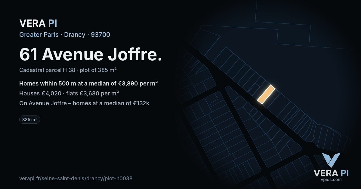 61 Avenue Joffre, Drancy at night – the plot lit, the parcels around coloured by the prices near them