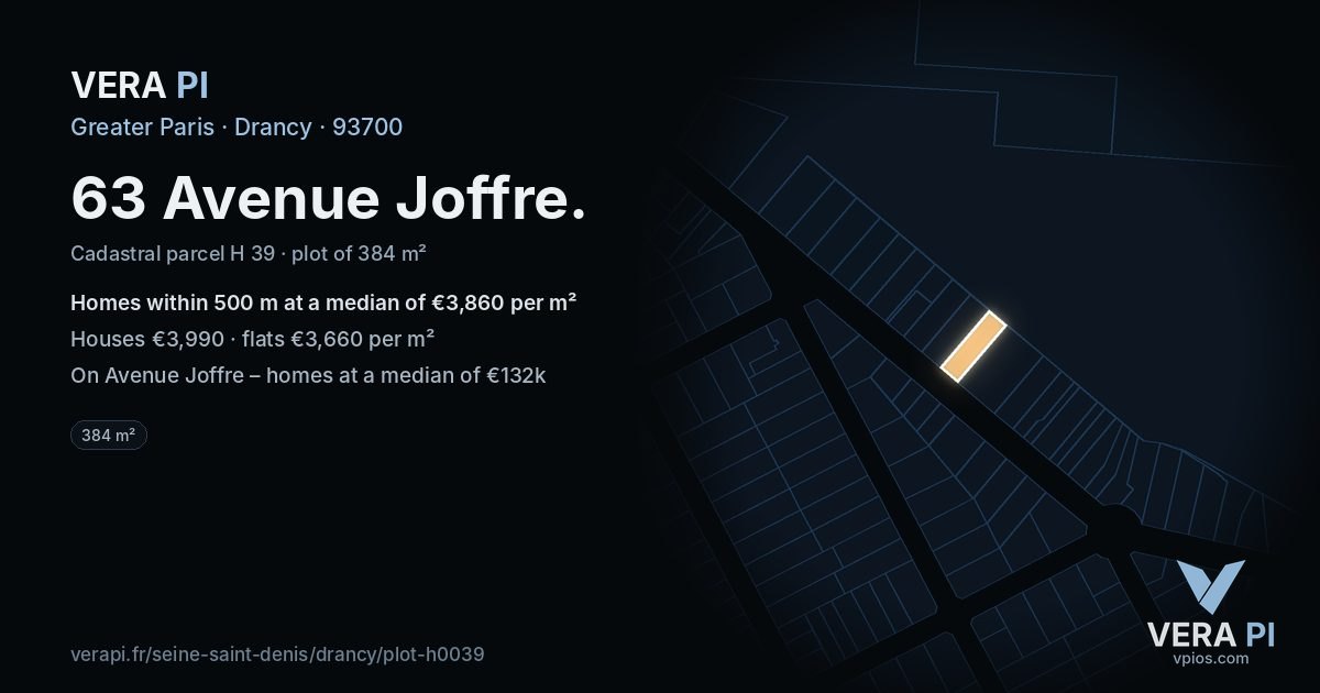 63 Avenue Joffre, Drancy at night – the plot lit, the parcels around coloured by the prices near them