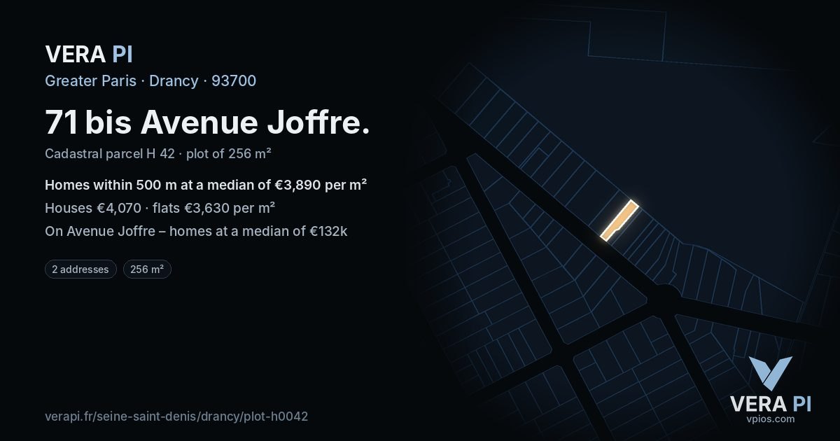 71 bis Avenue Joffre, Drancy at night – the plot lit, the parcels around coloured by the prices near them