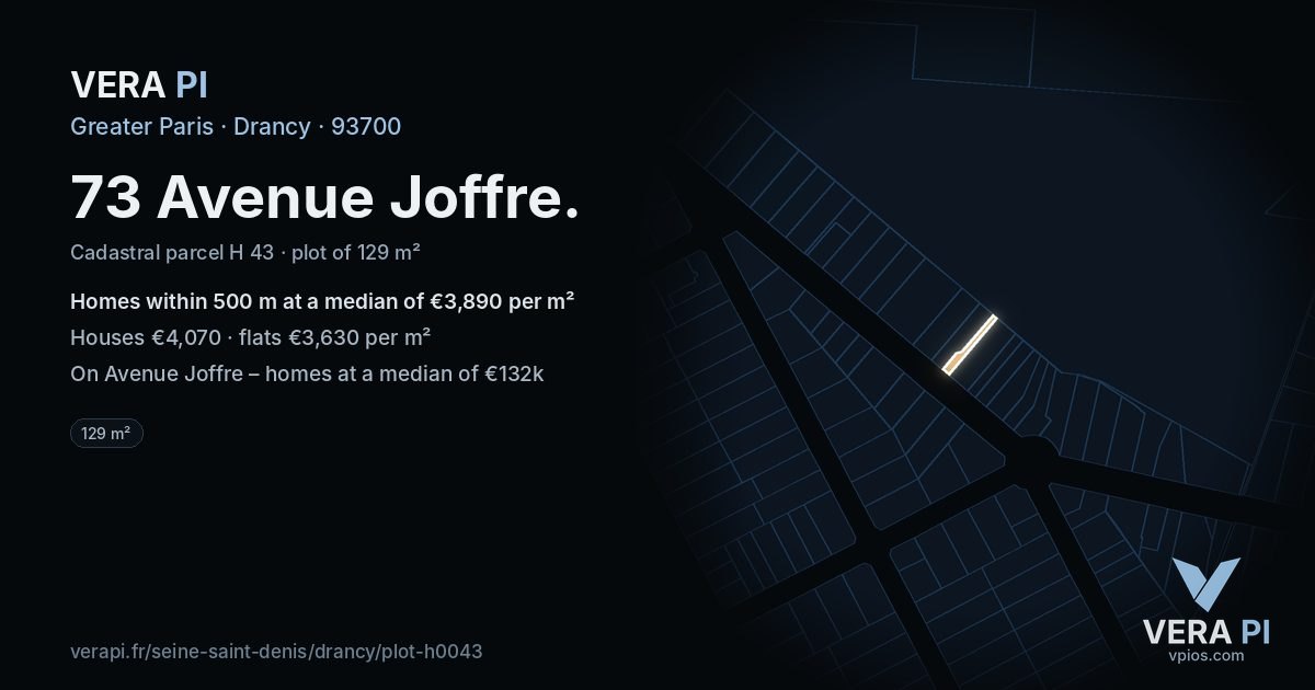 73 Avenue Joffre, Drancy at night – the plot lit, the parcels around coloured by the prices near them